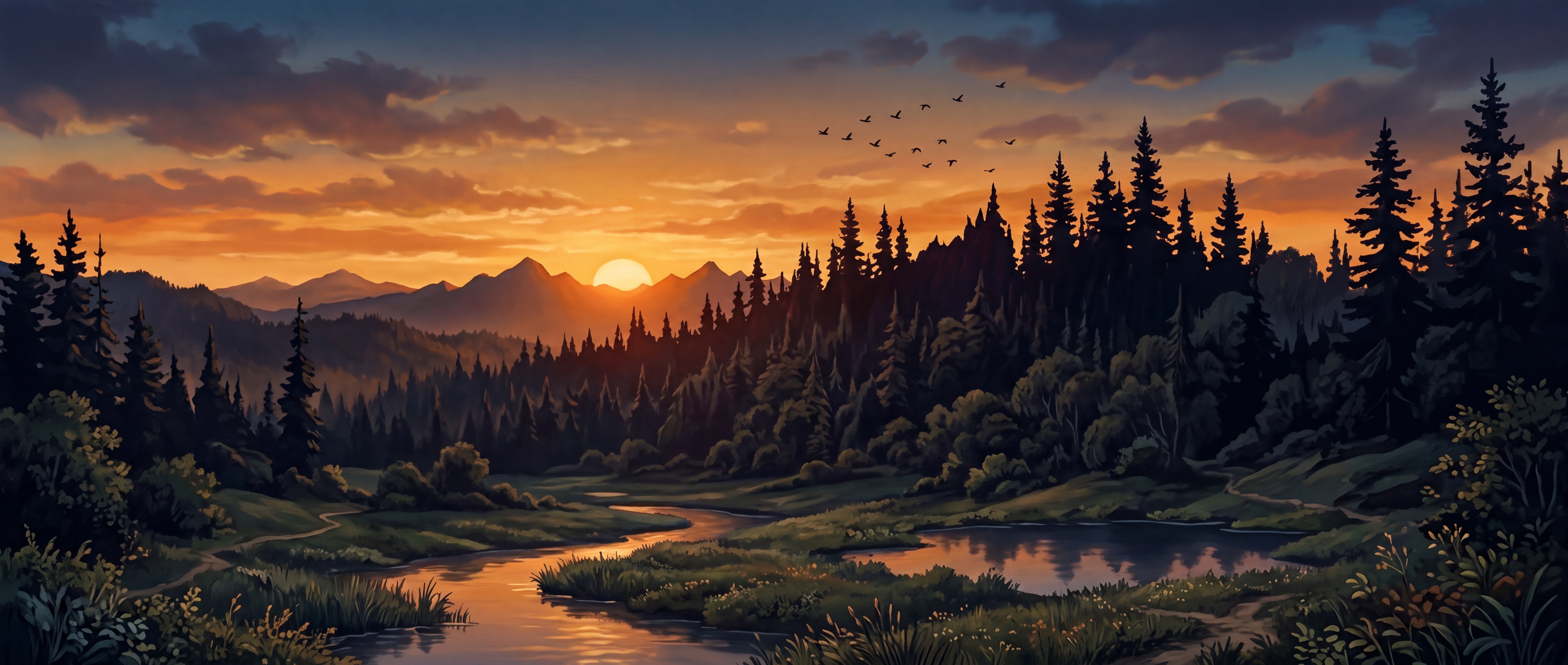 Sun setting behind a pine ridge